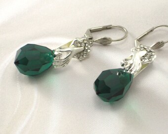 Green Crystal Silver Earrings Mother of the Bride Pierced Earrings Lever Back Earrings Bridesmaid Earrings Wedding Earrings Bridal Earrings