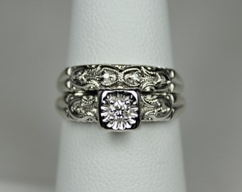 Vintage Ladies 14K White Gold Engagement Ring Wedding Band Set Bridal Set Hallmark 0.11ctw Diamonds Deco c1930s