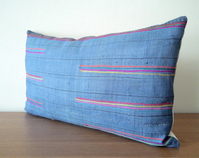 12"x 20" SALE Blue and Neon Stripes Ethnic Hmong Hand Woven Lumbar Pillow Cover, Vintage Tribal Textile Pillow Case, Bohemian Throw Pillow