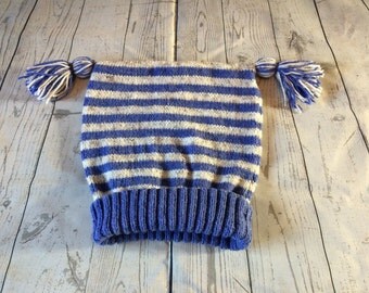 stripe knitted hat, unisex hat, tassel knitted hat, children's knitted hat, kids knitted hat, winter hat, winter warmer hat, two tone hat.