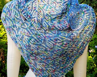 Hand Knit Shawl, Brioche Stitch, Reversible, Merino and Cashmere Hand Dyed Yarns, Denim Blue and Multi Colored, Cowl or Scarf Styling