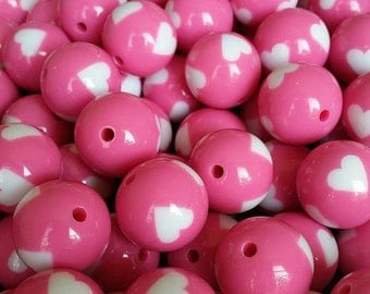 40 pcs 20 mm Chunky Pink with Hearts Bubblegum Beads