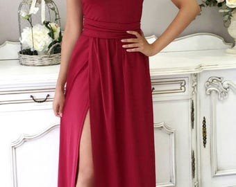 Burgundy Women's Maxi Dress V- Neck Sleeveless Slit