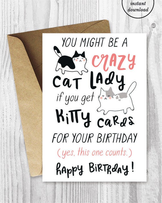 funny birthday cards for her instant download crazy cat lady
