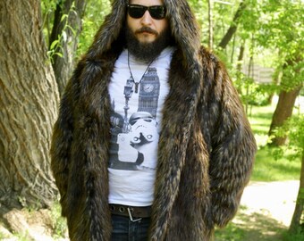 Raccoon faux fur coat/ mens fake fur jacket/ hooded festival coat/ Burning man vest / Playa coat/ Festival outfit/ EDM clothes / rave, plur