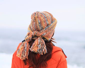 Orange crochet hood with tassels fedoras hat Handmade cowboy Bonnet Fairy toddler pixie hood Woodland Gnome ethnic festival Adult halloween