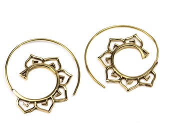 Lotus Mandala Brass Spiral Earrings Tribal Earrings Jewellery Free UK Delivery Gift Boxed BG1
