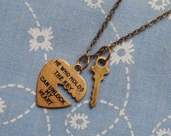 Small Unlock My Heart and Key Love Romance Antique Pendant Charm Necklace