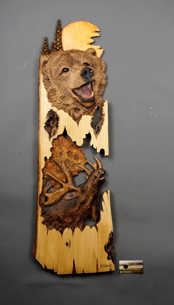 Grizzly Bear and Moose Carved on Wood Wood Carving by DavydovArt
