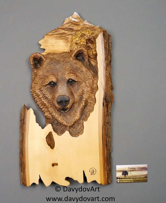 Grizzly bear carving Wood Carving with Bark Hand Made Gift