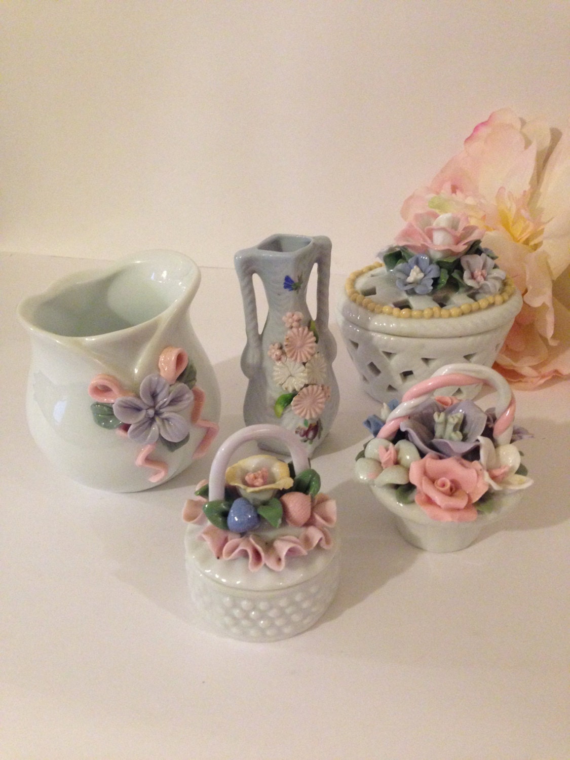 Vintage Mini Floral Basket Figurines Porcelain Flower