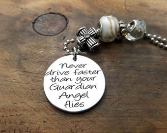 Never Drive Faster Than Your Guardian Angel Flies Car Charm, Rear-view Mirror Charm, Engraved Car Charm, Protection Charm, Sweet 16 Gift