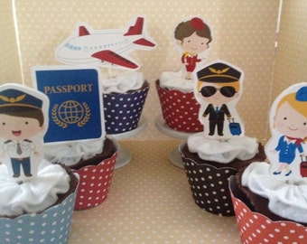Airport, Pilot, Stewardess, Flight Attendant, Airplane, Passport, Traveling Party Cupcake Topper Decorations - Set of 10