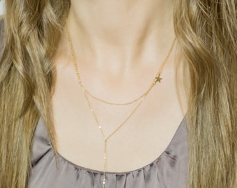 14k Gold Filled Crescent Moon Necklace Set of 2 / Dainty Gold Star Necklace with Moon Lariat Necklace / Celestial Set / Layered Necklace Set