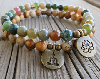 Buddha Bracelet, Lotus Bracelet, Mala beads bracelet Protection bracelet Charka healing Jasper bohemian meditation Agate stone Mala beads
