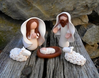 Miniature Nativity Set, Modern Nativity, Polymer Clay Manger, Unique Nativity, OOAK Clay Nativity, Jesus, Mary & Joseph White Nativity
