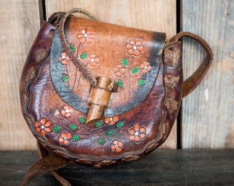 Vintage Tooled Leather Purse - Painted Flowers Mexico Tooled Leather Hand Made Purse - Retro 70's Shoulder Bag Boho Hippie Purse Orange