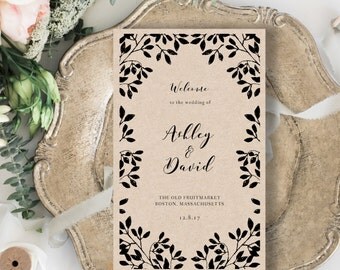 Wedding Program Template, Folded Wedding Program Template, Rustic Wedding Program Printable, Edit Text and Artwork Color in Word