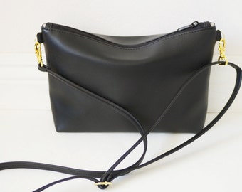 Gold hardware black leather crossbody bag with zipper