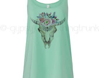 Boho Skull Top, Cow Skull Tank Top, Cow Skull Shirt, Floral Tank Top, Floral Shirt, Boho Hippie Top, Floral Skull Shirt, Floral Skull Top
