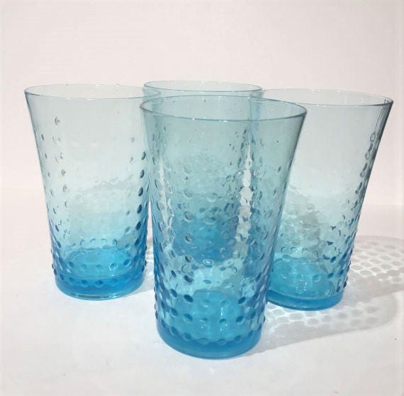 Blue Hobnail Glasses Set Retro Set 4 Aqua/Teal Hobnail