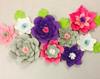 Items similar to 12 Large Paper Flowers in Yellow, Purple, and Ivory ...