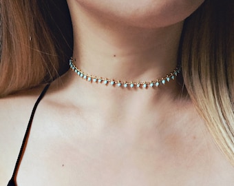 Sky Blue Beaded Choker Necklace / Boho Choker / Delicate Choker / Beaded Necklace / Bead Choker Necklace