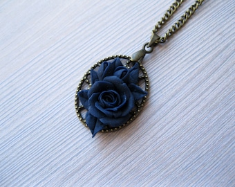 Dark blue necklace for girlfriend gift/for/friend necklace Rose necklace Polymer clay necklace Antique necklace Retro jewelry Art nouveau