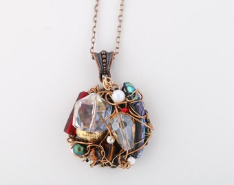 Boho wire wrapped pendant/Necklaces/Jewelry/OOAK/Gift for her/ Edgy Statement Necklace/Found Objects/Unique Beads/Swarovski Pearls