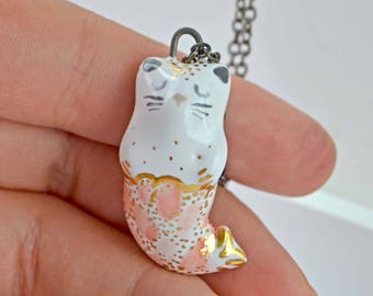 Mermaid Cat Necklace - MADE TO ORDER - Cat Cosplay Cat Lady Cute Ceramic Handcrafted Pendant Decorated with Genuine Gold