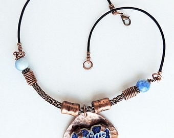 Copper "Broken China" Heart Pendant with Viking Knit and Leather Necklace