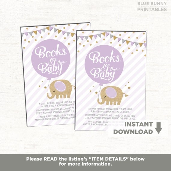 Elephant Baby Shower Books for Baby Invitation Insert. Purple and Gold Elephant Baby. Bring a Book Card. Glitter Confetti Balloon. EL-PR2 Il_570xn