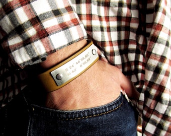 Personalized Bracelet, Custom Coordinates, Mens bracelet, Leather Bracelet, Latitude Longitude, GPS Coordinates, Leather Cuff, Men's gift