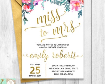 Floral Miss to Mrs Bridal Shower Invitation, Floral Hens Party Invite, Gold Foil Letter, Gold Miss to Mrs, Bachelorette Party, Bridal Shower