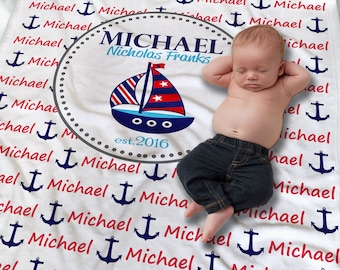 Nautical Baby Blanket - Nautical Baby Bedding - Personalized Baby Blanket - Newborn Boy Gift - Receiving Blanket - Baby Name Wrap Blanket