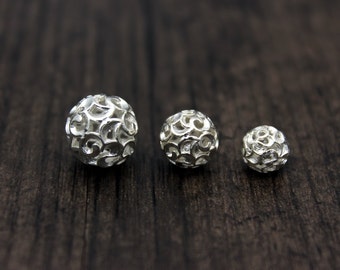 2pcs-8mm/10mm/12mm Sterling Silver Beads, Bright Silver Hollow Beads, Sterling Silver spacer bead, Silver flower spacer bead