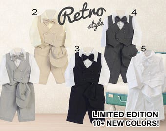 Baby Toddler Newsboy 5 piece Linen Vest Suit with Hat & Bowtie, Gray Beige Black Charcoal White Navy, Baptism Christening Wedding Birthday