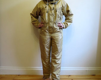 Vintage 90's Mustard Yellow One Piece Ski Suit Bronze Retro Snowsuit Hipster Snow Pants Outdoor Winter Wear Snow Jumpsuit Medium Size