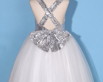 Sliver white flower girl dress/silver sequin flower girl dress/criss-cross backless dress/white flower girl dress/pageant dress with bow