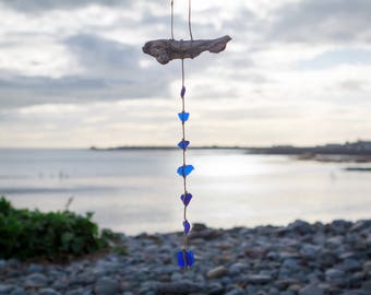 Rare blue sea glass mobile / sun catcher with natural driftwood and genuine Irish Sea tumbled sea glass