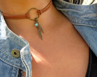 Choker Necklace, Suede Choker Necklace, Bohemian Feather Necklace, Native American Style Jewelry, Ring Choker, Leather Choker, Boho Jewelry