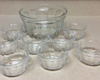 Vintage Vereco France Clear Panneled Pattern Fruit - Salad Serving Bowls Set Of 9 - 1 Big - 8 Small Bowls