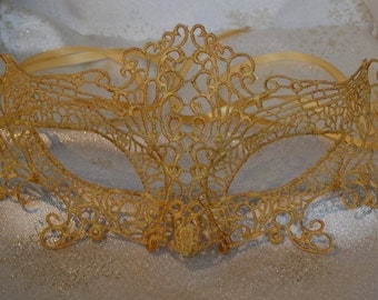Gold Lace Masquerade Mask - Gold Satin Ribbon Ties Weddings, New Year's, Valentine's Day Gift, Masquerade Balls, Proms, Christmas Party