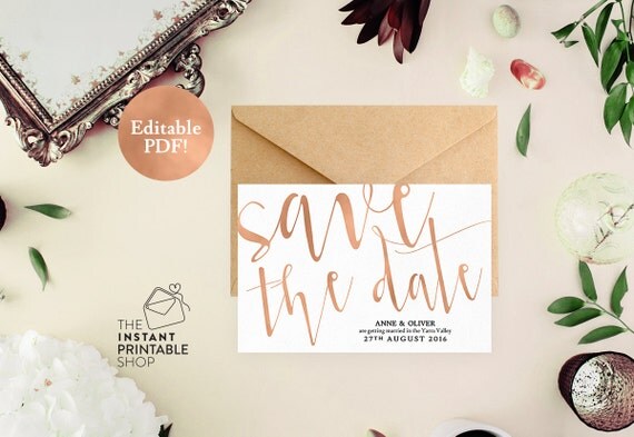 Rose gold save the date cards Printable by instantprintableshop