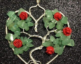 Tree of Life Pendant, Green Jade, Lucite Roses with Silver-Plated Wire GWL-301