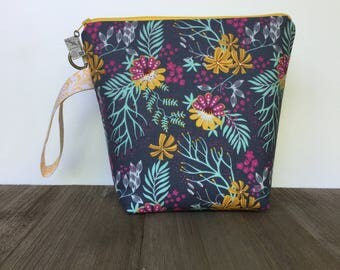 Project Bag, Knitting Bag, Knitting Project Bag, Crochet Bag, Wedge Bag, Zippered Pouch Bag, Sock Knitting, Twilight Garden