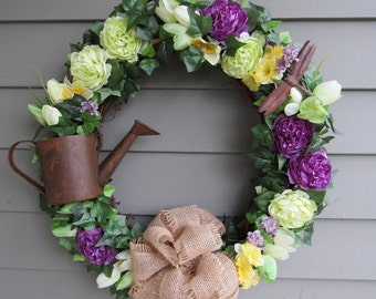 Rustic Summer Wreath for Front Door - Year Round Wreaths - Farmhouse Wreaths - Ranunculus - Spring Wreaths - Watering Can - Country Decor