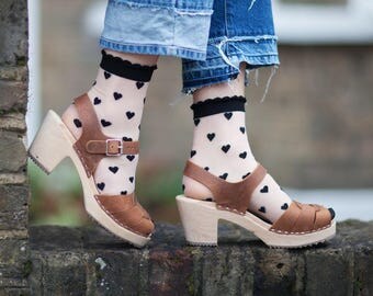 Swedish Clogs Peep Toe Brown Oiled Nubuck Leather by Lotta from Stockholm / Wooden Clogs / High Heel / Made in Sweden / Scandi / Shoes