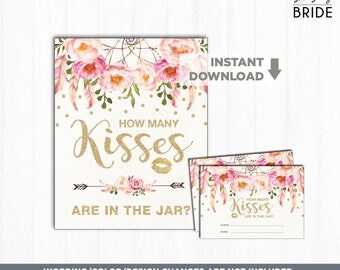 How Many Kisses Are in the Jar. Pink & Gold Floral Bridal Shower Game. Glitter Boho Flowers Hens Night Tea Party Bachelorette Game FLO12A
