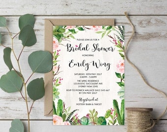 Succulent Bridal Shower Invitation. Green Cactus Wedding Shower Invite. Fiesta Botanical Rustic Pink Floral Roses DIY Party Invitation. CAC1